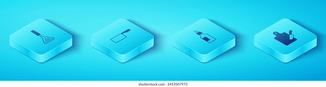 Set Isometric Barbecue spatula, Saucepan, Cutting board and knife and Bottle of olive oil icon. Vector