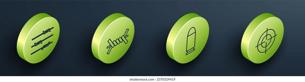 Set isometrisches Stacheldraht, Stacheldraht, Kugel und Ziel Sport Icon. Vektorgrafik