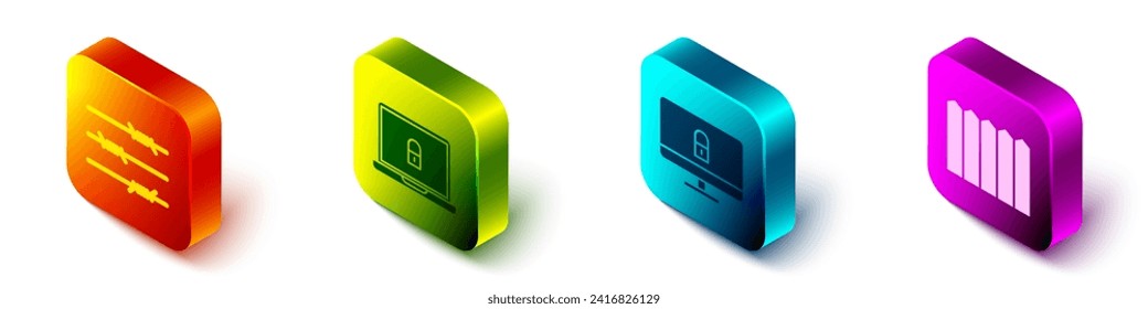 Set Isometric Barbed wire, Laptop and lock, Lock on computer monitor and Garden fence wooden icon. Vector