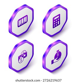 Set Isometrischer Barcode, Rechner, Stapel Papiergeld Bargeld und Geld Tasche Symbol. Sechseck-Knopf in Lila. Vektorgrafik