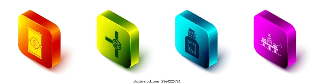 Fijar aceite de barril isométrico con dólar, tubos y válvula industriales, tubo de ensayo de gasolina de aceite y plataforma de aceite en el icono del mar. Vector