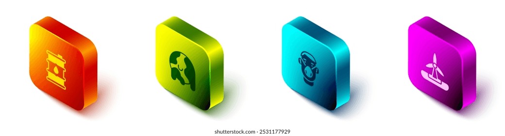 Set Isometric Barrel oil, Global warming, Face protective mask and Wind turbine icon. Vector