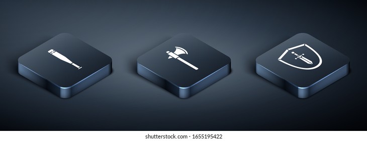 Set Isometric Baseball bat, Medieval shield with sword and Medieval axe icon. Vector
