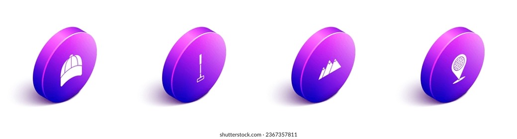 Set Isometric Baseball cap, Golf club, Mountains and Location golf sport icon. Vector