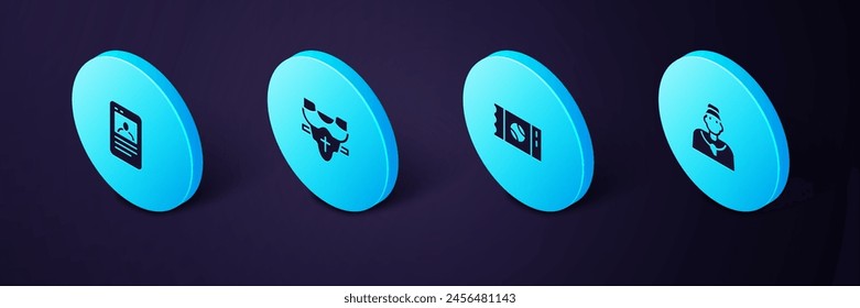 Set Isometric Baseball coach, ticket, Player chest protector and card icon. Vector