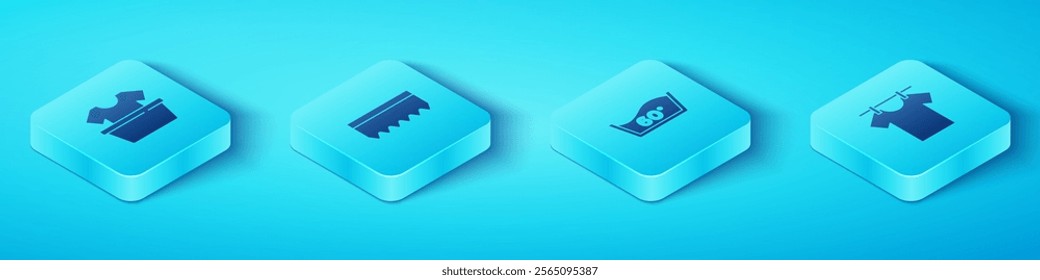 Set Isometric Basin with shirt, Sponge, Drying clothes and Temperature wash icon. Vector