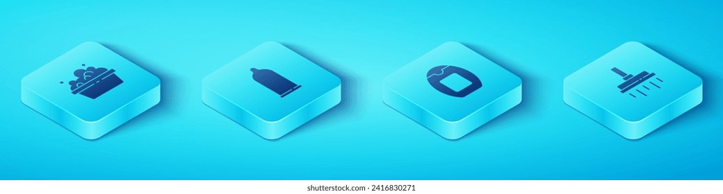 Set Isometrisches Becken mit Seifensuds, Kondom, Duschkopf und Flasche Shampoo Symbol. Vektorgrafik