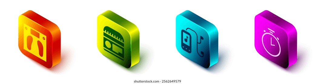 Set Isometric Bathroom scales, Cream or lotion cosmetic tube, Music player and Stopwatch icon. Vector