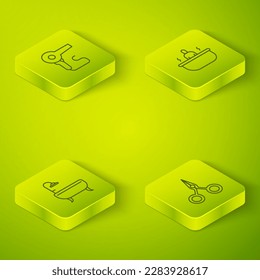 Set Isometric Bathtub, , Scissors and Hair dryer icon. Vector