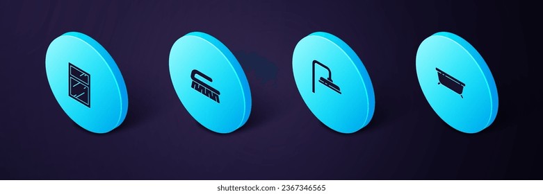 Indique el icono de Bañera isométrica, cabezal de ducha, Pincel para limpieza y ventanas de servicio de limpieza. Vector
