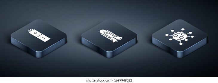 Set Isometric Battery, Bacteria and Space shuttle and rockets icon. Vector