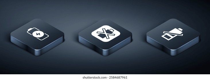 Set Isometric Battery charge, Low battery and  icon. Vector