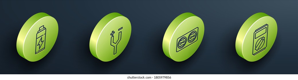 Set Isometric Battery, Electric cable, Electrical outlet and Multimeter icon. Vector