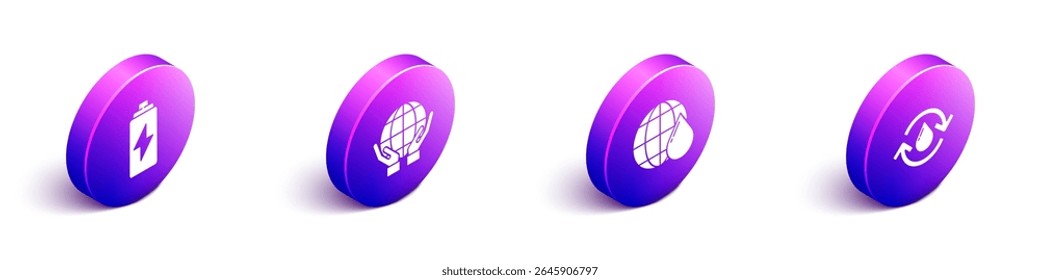 Set Isometric Battery, Hands holding Earth globe, Earth planet in water drop and Recycle clean aqua icon. Vector