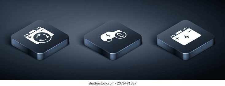 Set Isometric Battery with recycle symbol, Car battery and Electric car price icon. Vector