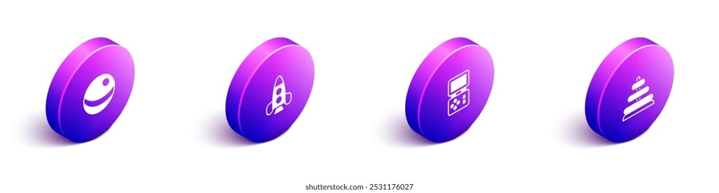 Set Isometric Beach ball, Rocket ship toy, Tetris electronic game and Pyramid icon. Vector