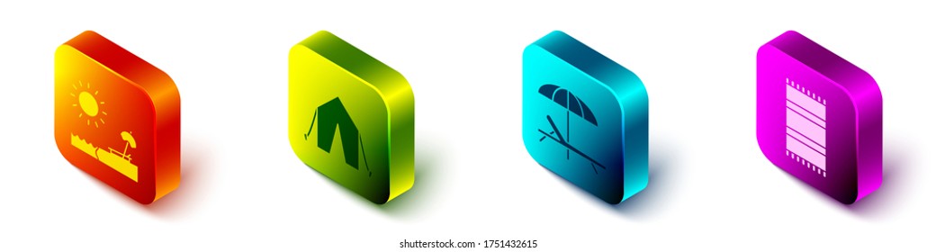 Set Isometric Beach with umbrella and chair, Tourist tent, Sunbed and umbrella and Beach towel icon. Vector