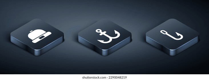 Set Isometric Beanie hat, Fishing hook and Anchor icon. Vector