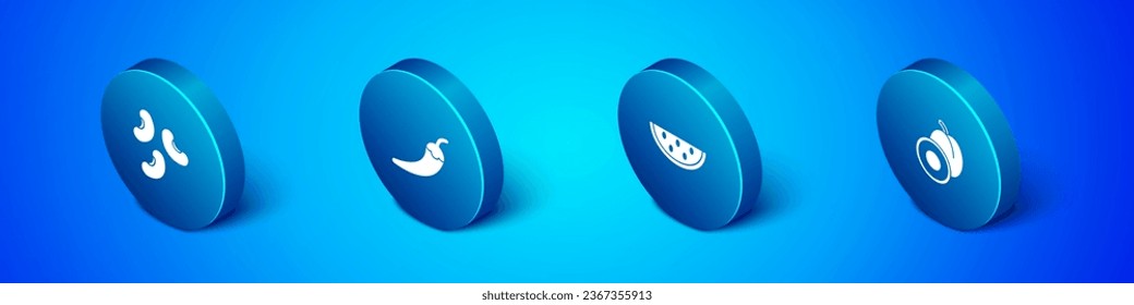Set Isometric Beans, Watermelon, Plum fruit and Hot chili pepper pod icon. Vector