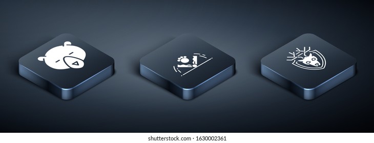 Set Isometric Bear head, Deer head with antlers on shield and Trap hunting icon. Vector