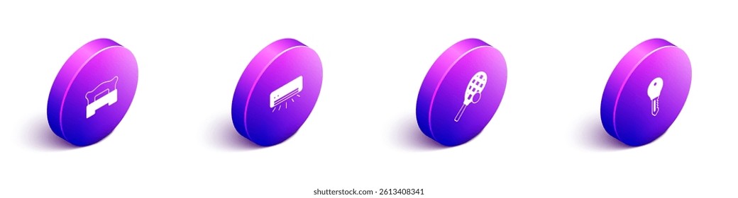 Set Isometric Bedroom, Air conditioner, Tennis racket with ball and Hotel door lock key icon. Vector