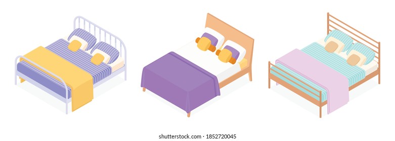 Set of isometric beds. Vector collection. Illustration in flat design.