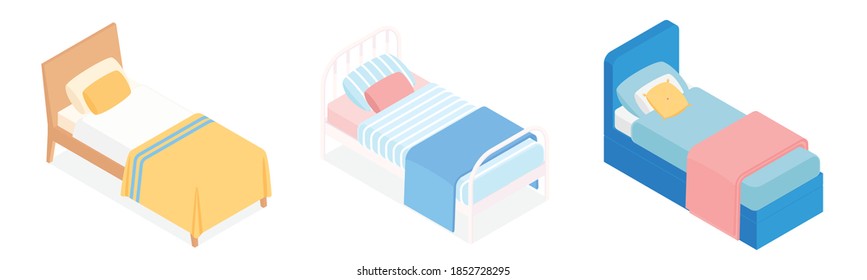 Set of isometric beds. Vector collection. Illustration in flat design.