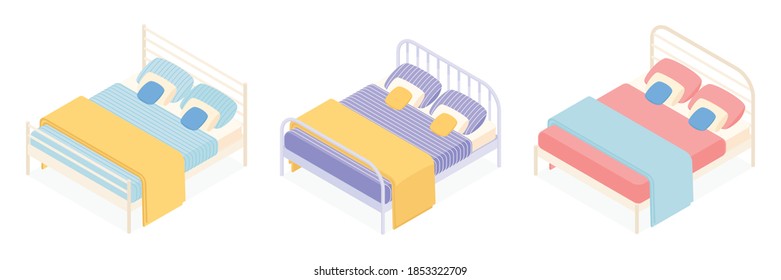 Set of isometric beds. Vector collection. Illustration in flat design.