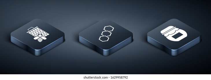 Set Isometric Bee and honeycomb, Jar of honey and Honeycomb icon. Vector