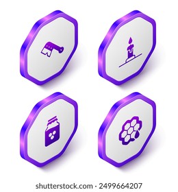 Set Isometric Beekeeping brush, Burning candle, Jar of honey and Honeycomb icon. Purple hexagon button. Vector