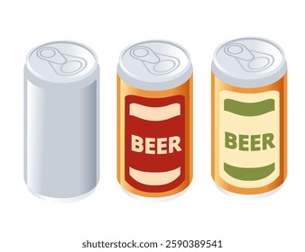 Set of isometric beer in aluminum cans. Red and green beer cans with BEER labels. Empty mockup container. Alcohol drink liquid. Vector illustration isolated on white background.