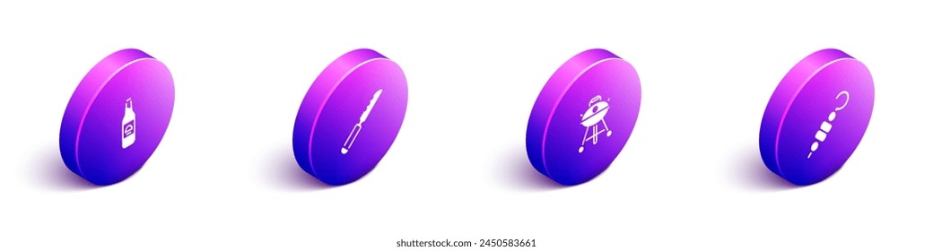 Set Isometric Beer bottle, Bread knife, Barbecue grill and Grilled shish kebab icon. Vector