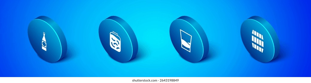Set Isometric Beer bottle, Glass of vodka, Wooden barrel and Pickled cucumbers in jar icon. Vector