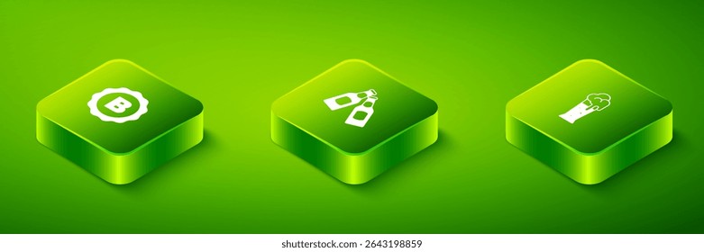 Set Isometric Beer bottle, Glass of beer and Bottle cap with icon. Vector