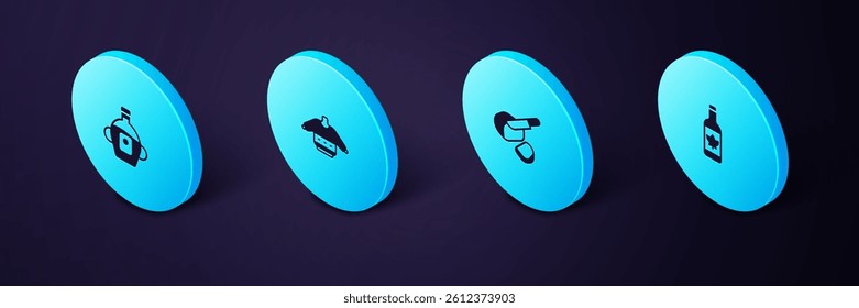 Set Isometric Beer bottle, Peameal bacon, Christmas sweater and Maple syrup icon. Vector