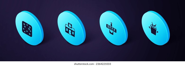 Set Isometric Beer bottles in ice bucket, , Store building of beer shop and bubbles icon. Vector