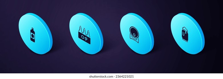 Set Isometric Beer can with foam, Wooden barrel on rack, Pack of beer bottles and Plastic icon. Vector