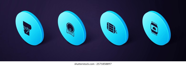 Set Isometric Beer can, Wooden barrel on rack,  and belly icon. Vector