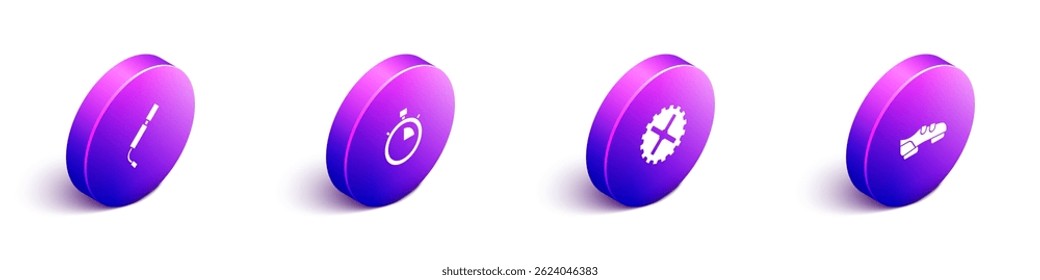 Set Isometric Bicycle air pump, Stopwatch, sprocket crank and shoes icon. Vector