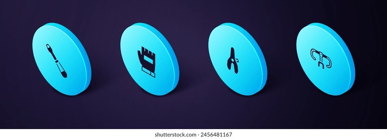 Set Isometric Bicycle handlebar, seat, Gloves and Screwdriver icon. Vector
