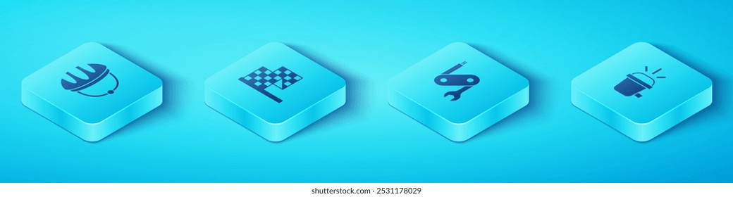 Set Isometric Bicycle helmet, Checkered flag, head lamp and Swiss army knife icon. Vector