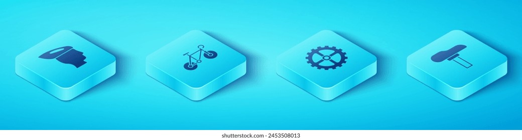 Set Isometric Bicycle helmet, , seat and sprocket crank icon. Vector