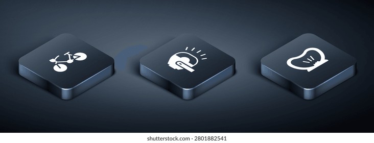 Set Isometric Bicycle, punctured tire and head lamp icon. Vector