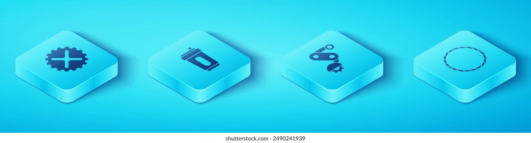 Set Isometric Bicycle sprocket crank, Sport bottle with water, wheel and Derailleur bicycle rear icon. Vector