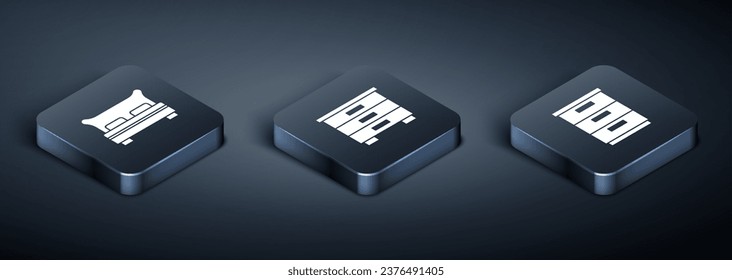 Set Isometric Big bed, Furniture nightstand and  icon. Vector
