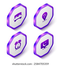 Set Isometric Big bed, Sleepy, Alarm clock and Moon and stars icon. Purple hexagon button. Vector