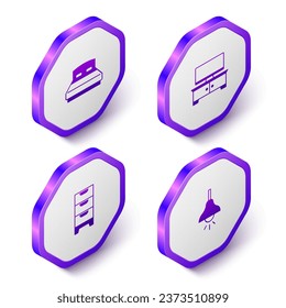 Set Isometric Big bed, TV table stand, Chest of drawers and Lamp hanging icon. Purple hexagon button. Vector