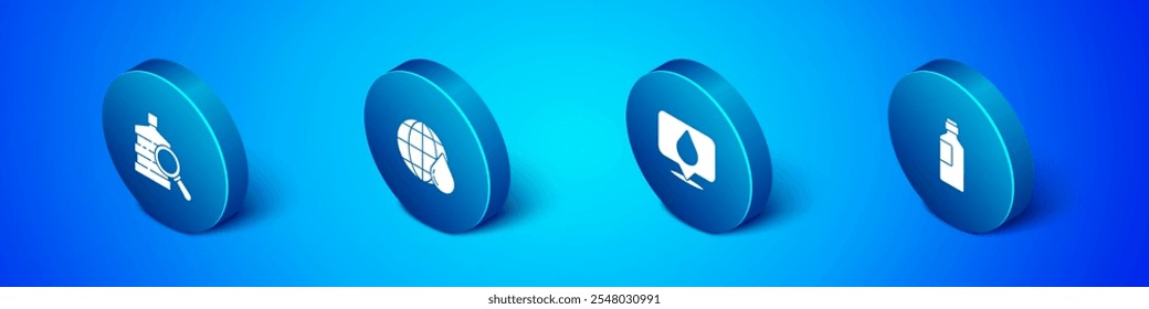 Set Isometric Big bottle with clean water, Water drop location, Bottle of and Earth planet in icon. Vector