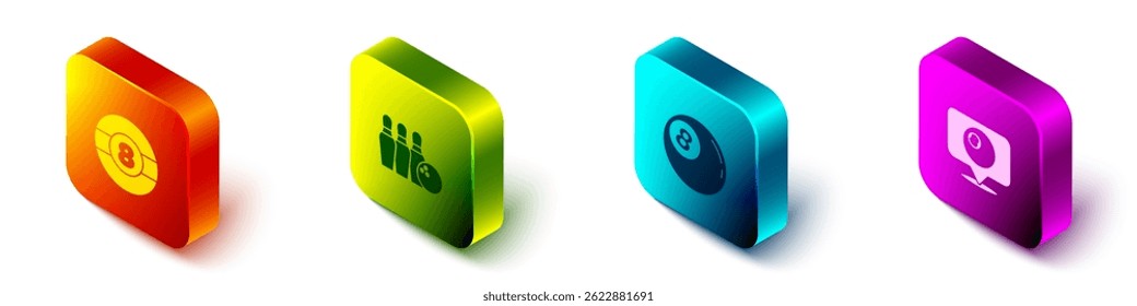 Set Isometric Billiard ball, Bowling pin and,  and Location with billiard icon. Vector