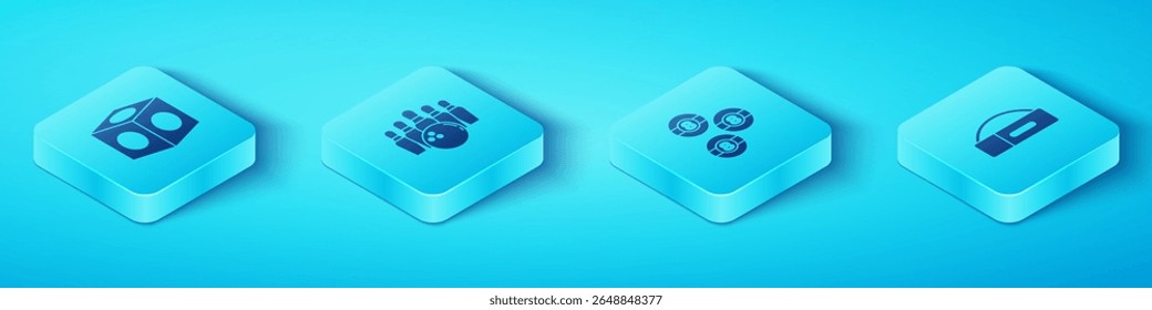 Set Isometric Billiard chalk, Bowling pin and ball, Case for billiard cue and  icon. Vector
